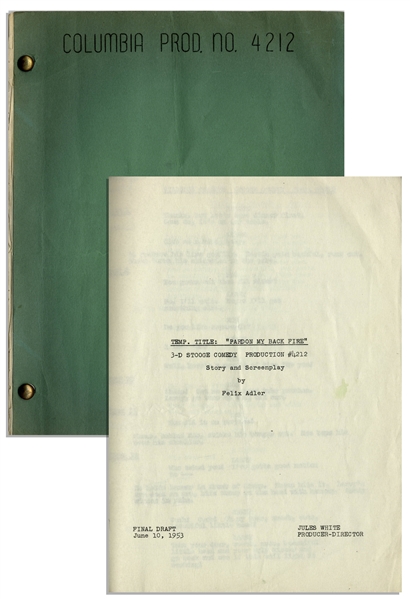 Moe Howard's 22pp. Script Dated June 1953 for The Three Stooges Film ''Pardon My Backfire'' -- With Annotations in Moe's Hand Including His Signatures & Extra 2pp. Shot List -- Very Good Condition